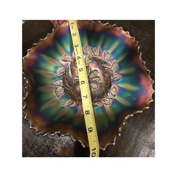 Vintage Fenton Carnival Glass Bowl Scalloped Edge Floral Pattern 10” - Picture 6 of 7